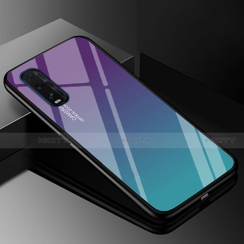 Oppo Find X2用ハイブリットバンパーケース プラスチック 鏡面 虹 グラデーション 勾配色 カバー H01 Oppo シアン