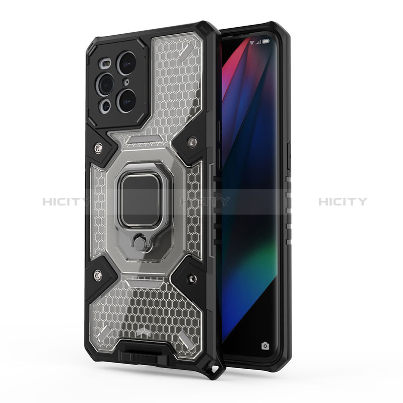 Oppo Find X3 5G用ハイブリットバンパーケース プラスチック アンド指輪 マグネット式 S04 Oppo ブラック