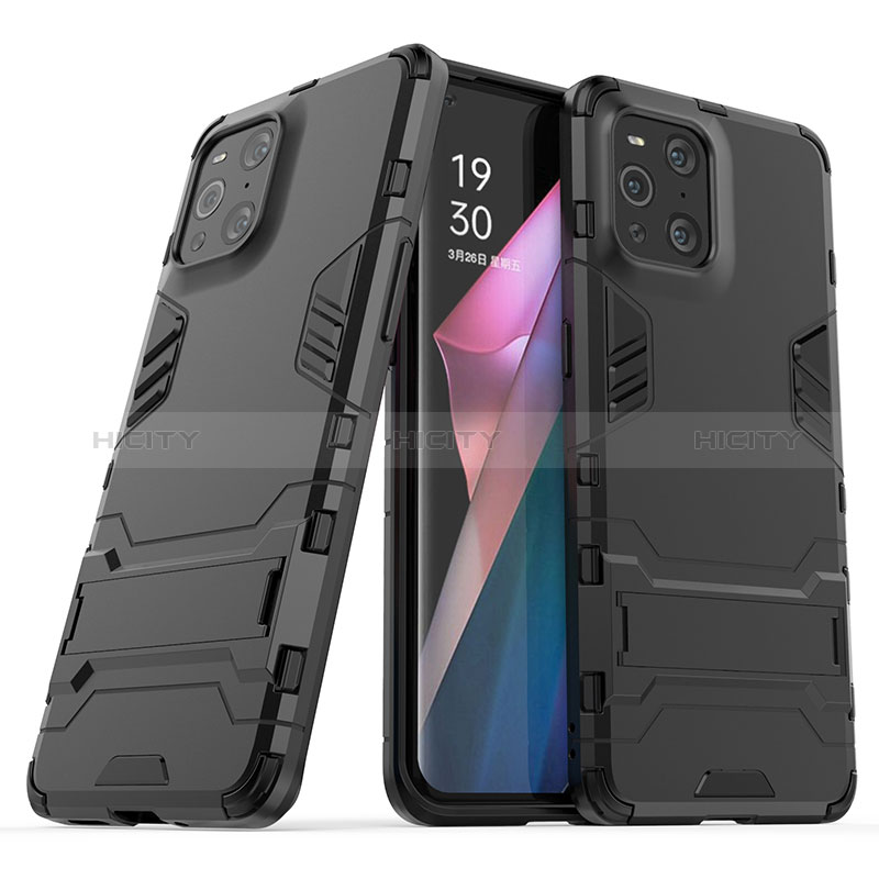 Oppo Find X3 5G用ハイブリットバンパーケース スタンド プラスチック 兼シリコーン カバー T01 Oppo ブラック