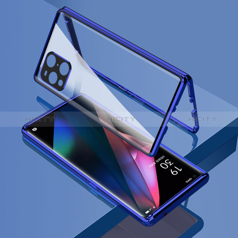 Oppo Find X3 5G用ケース 高級感 手触り良い アルミメタル 製の金属製 360度 フルカバーバンパー 鏡面 カバー Oppo ネイビー