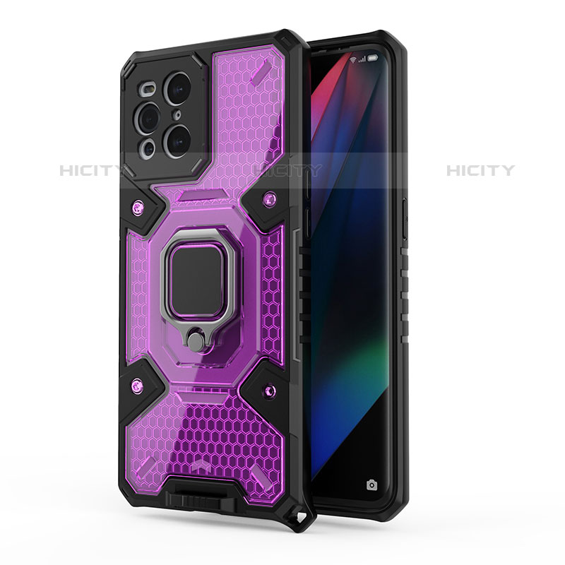 Oppo Find X3 Pro 5G用ハイブリットバンパーケース プラスチック アンド指輪 マグネット式 S04 Oppo パープル