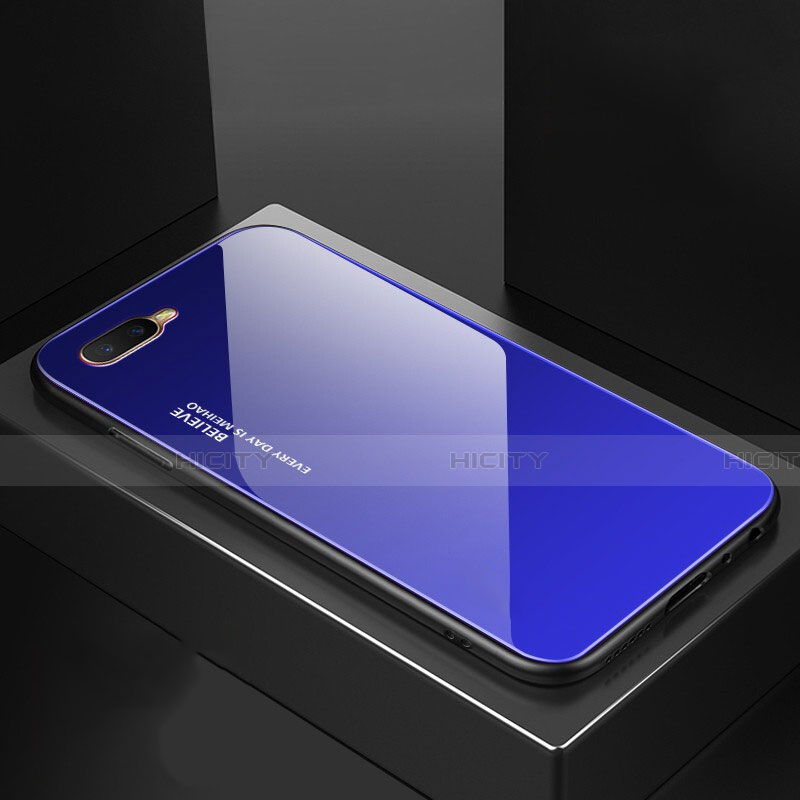 Oppo K1用ハイブリットバンパーケース プラスチック 鏡面 虹 グラデーション 勾配色 カバー H01 Oppo ネイビー