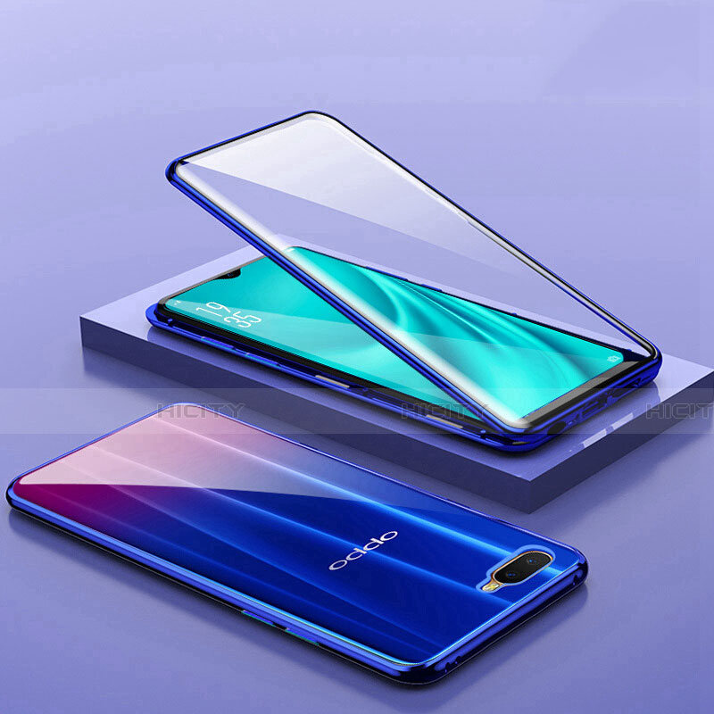 Oppo K1用ケース 高級感 手触り良い アルミメタル 製の金属製 360度 フルカバーバンパー 鏡面 カバー T02 Oppo ネイビー