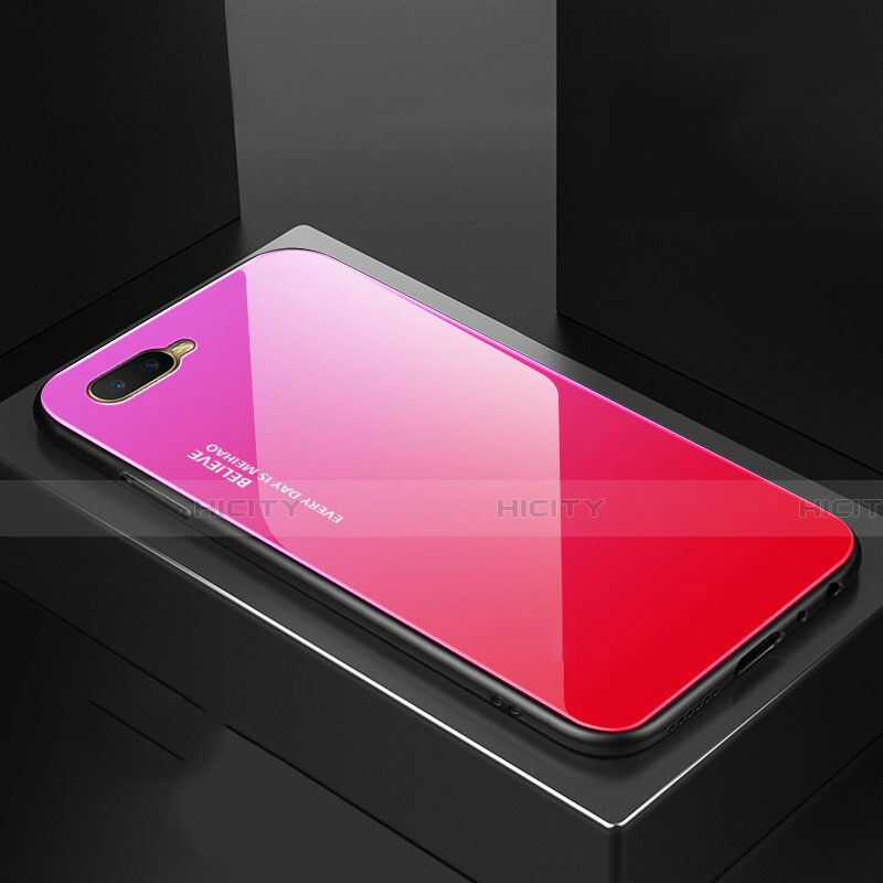 Oppo R17 Neo用ハイブリットバンパーケース プラスチック 鏡面 虹 グラデーション 勾配色 カバー H01 Oppo ローズレッド