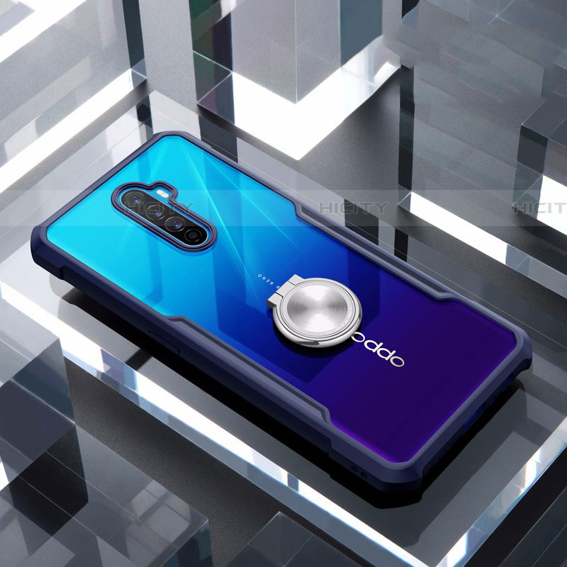 Oppo Reno Ace用360度 フルカバーハイブリットバンパーケース クリア透明 プラスチック 鏡面 アンド指輪 マグネット式 Oppo ネイビー