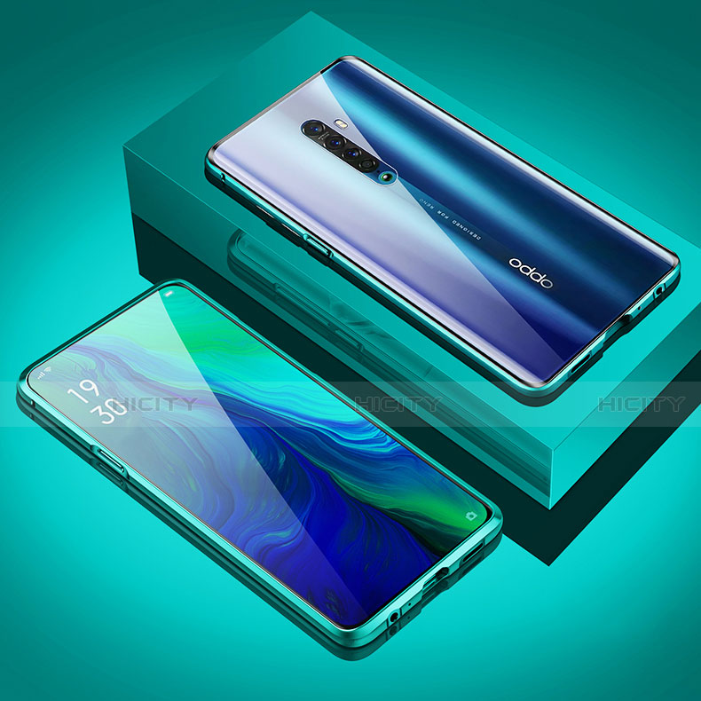 Oppo Reno2用ケース 高級感 手触り良い アルミメタル 製の金属製 360度 フルカバーバンパー 鏡面 カバー M02 Oppo シアン