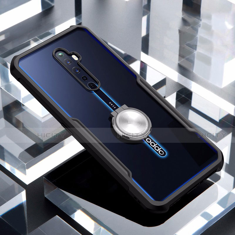 Oppo Reno2 Z用360度 フルカバーハイブリットバンパーケース クリア透明 プラスチック 鏡面 アンド指輪 マグネット式 Oppo ブラック