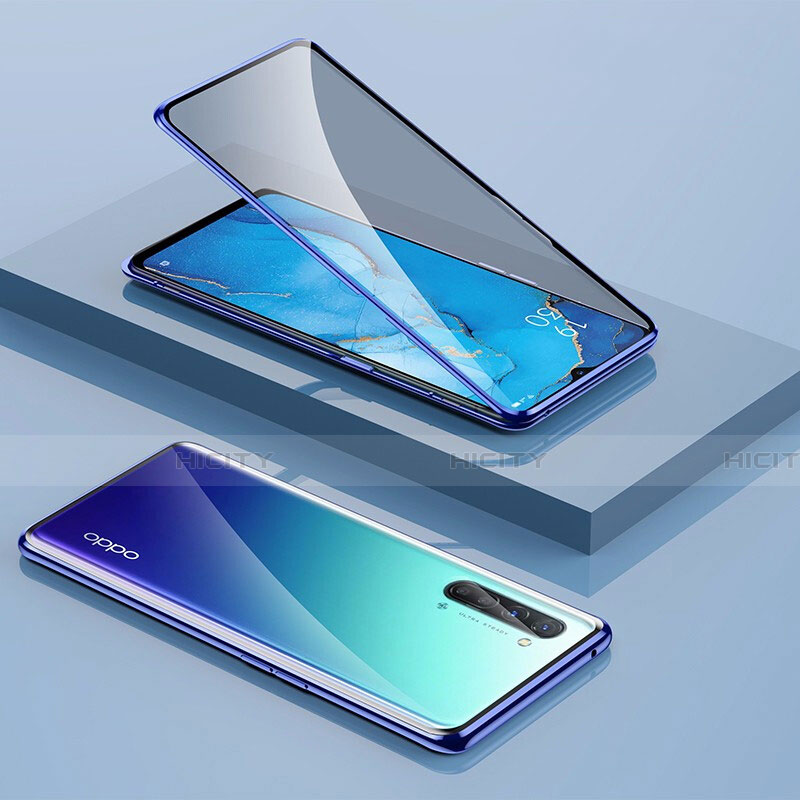 Oppo Reno3用ケース 高級感 手触り良い アルミメタル 製の金属製 360度 フルカバーバンパー 鏡面 カバー M01 Oppo ネイビー