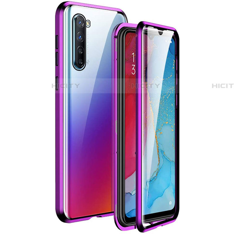 Oppo Reno3用ケース 高級感 手触り良い アルミメタル 製の金属製 360度 フルカバーバンパー 鏡面 カバー M06 Oppo パープル