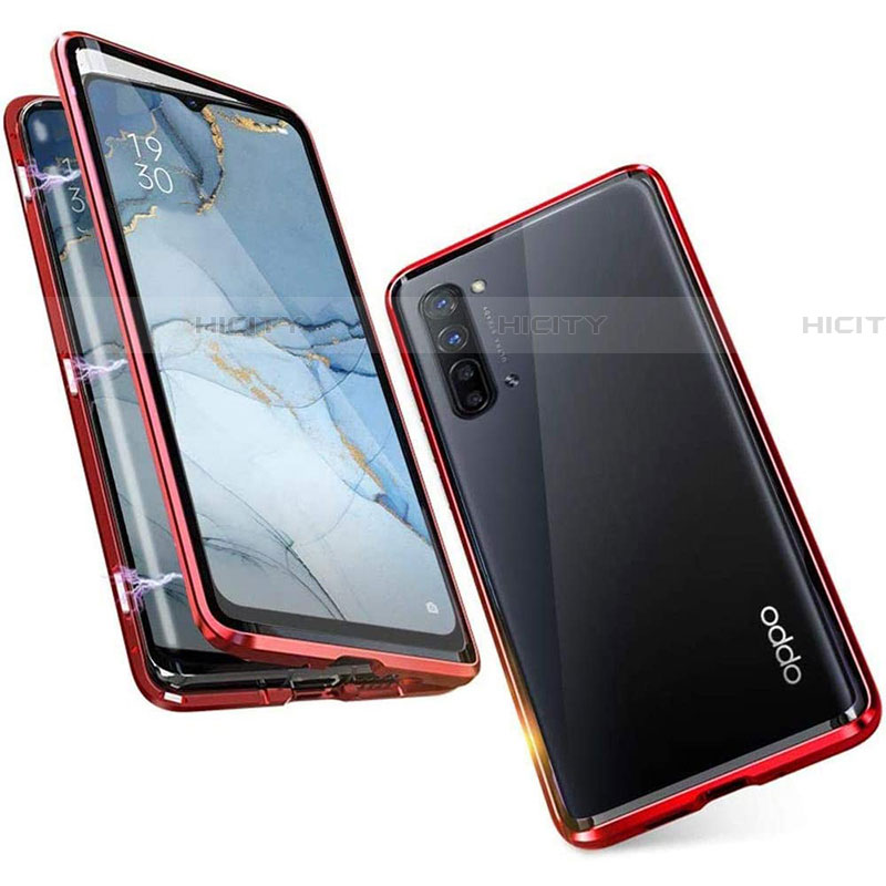 Oppo Reno3用ケース 高級感 手触り良い アルミメタル 製の金属製 360度 フルカバーバンパー 鏡面 カバー M05 Oppo レッド