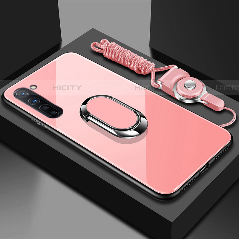 Oppo Reno3用ハイブリットバンパーケース プラスチック 鏡面 カバー アンド指輪 マグネット式 Oppo ピンク