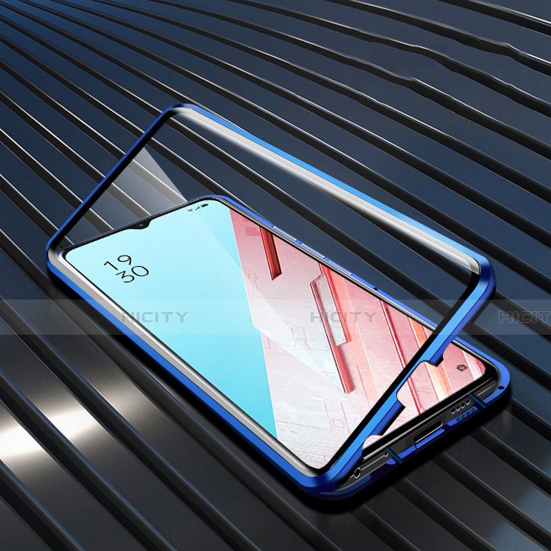 Oppo Reno3用ケース 高級感 手触り良い アルミメタル 製の金属製 360度 フルカバーバンパー 鏡面 カバー M04 Oppo ネイビー