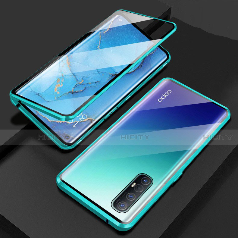 Oppo Reno3 Pro用ケース 高級感 手触り良い アルミメタル 製の金属製 360度 フルカバーバンパー 鏡面 カバー T03 Oppo シアン