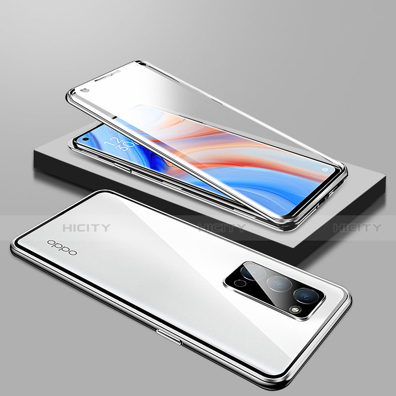 Oppo Reno4 5G用ケース 高級感 手触り良い アルミメタル 製の金属製 360度 フルカバーバンパー 鏡面 カバー T01 Oppo シルバー