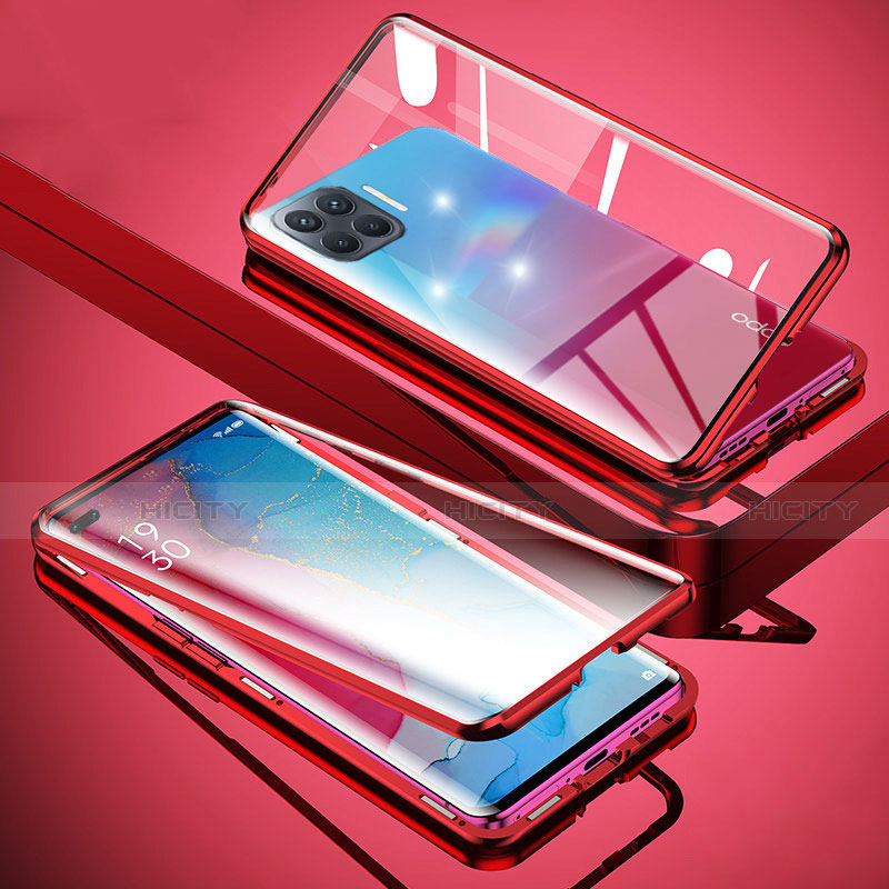 Oppo Reno4 F用ケース 高級感 手触り良い アルミメタル 製の金属製 360度 フルカバーバンパー 鏡面 カバー Oppo レッド