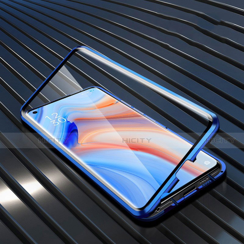 Oppo Reno4 Pro 5G用ケース 高級感 手触り良い アルミメタル 製の金属製 360度 フルカバーバンパー 鏡面 カバー T05 Oppo ネイビー