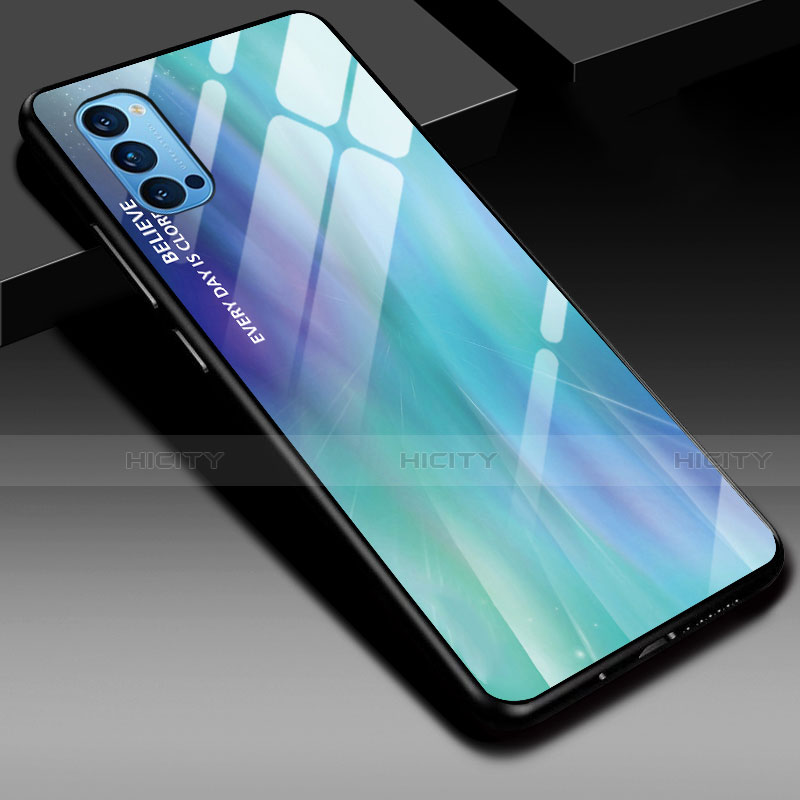 Oppo Reno4 Pro 5G用ハイブリットバンパーケース プラスチック 鏡面 虹 グラデーション 勾配色 カバー H01 Oppo シアン