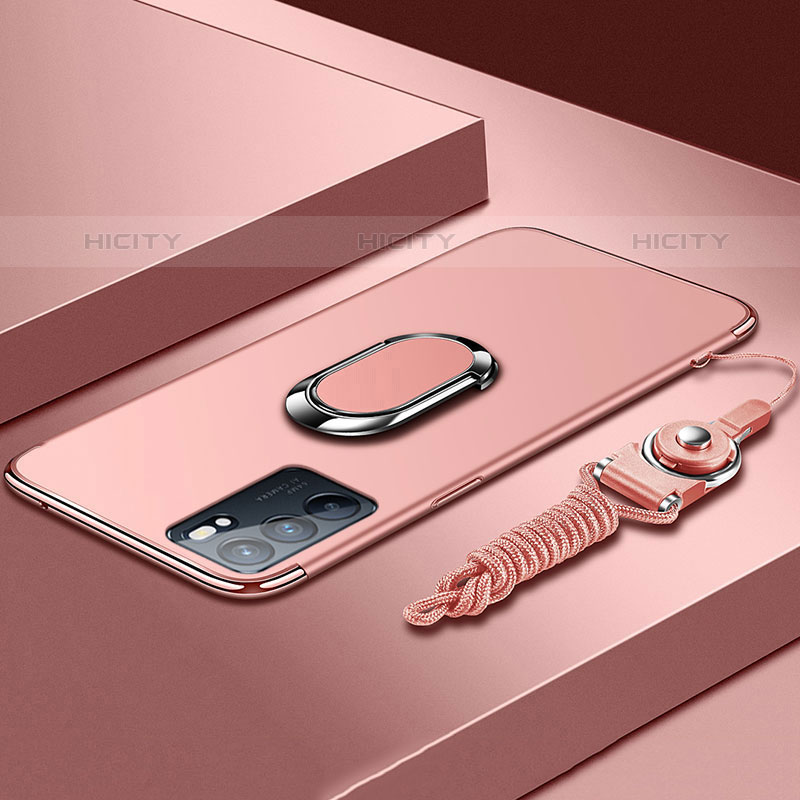 Oppo Reno6 5G用ケース 高級感 手触り良い メタル兼プラスチック バンパー アンド指輪 Oppo ローズゴールド