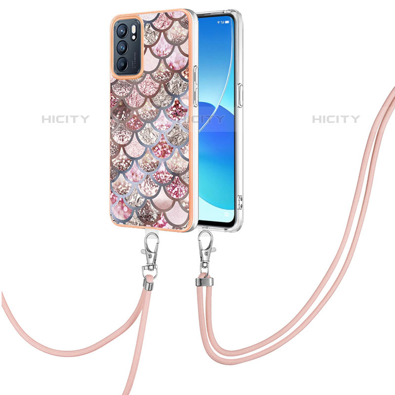 Oppo Reno6 5G用シリコンケース ソフトタッチラバー バタフライ パターン カバー 携帯ストラップ Y03B Oppo ブラウン