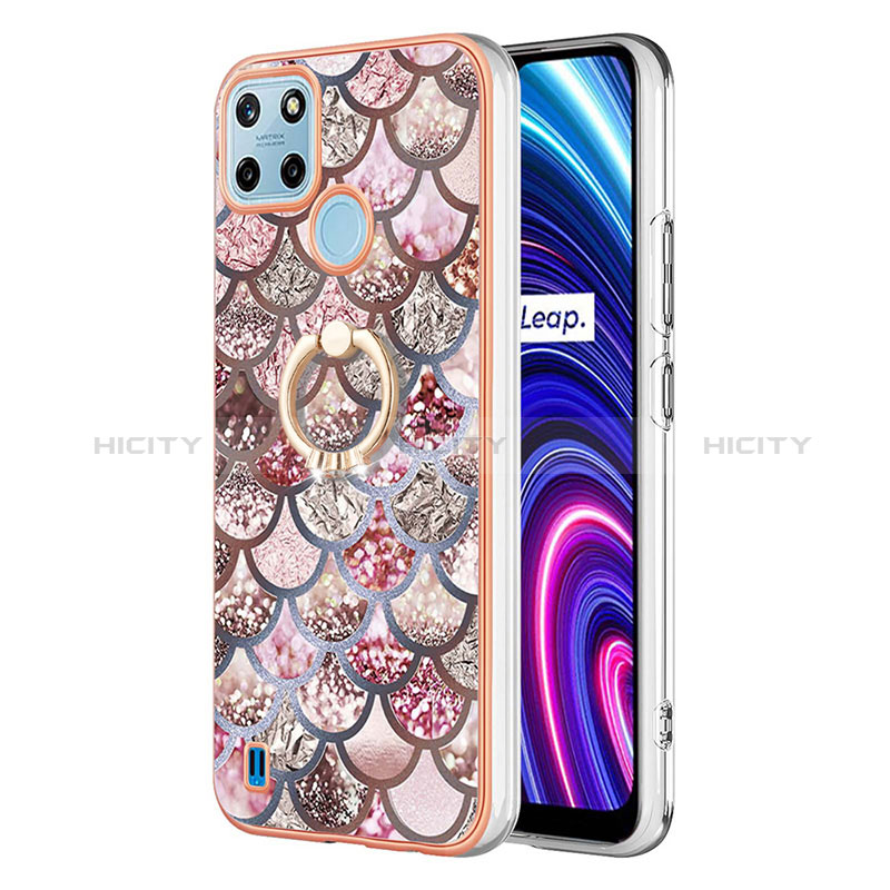 Realme C25Y用シリコンケース ソフトタッチラバー バタフライ パターン カバー アンド指輪 Y03B Realme ブラウン