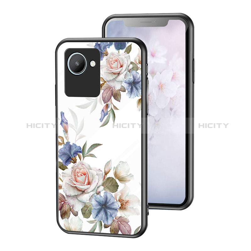 Realme C30s用ハイブリットバンパーケース プラスチック 鏡面 花 カバー Realme ホワイト