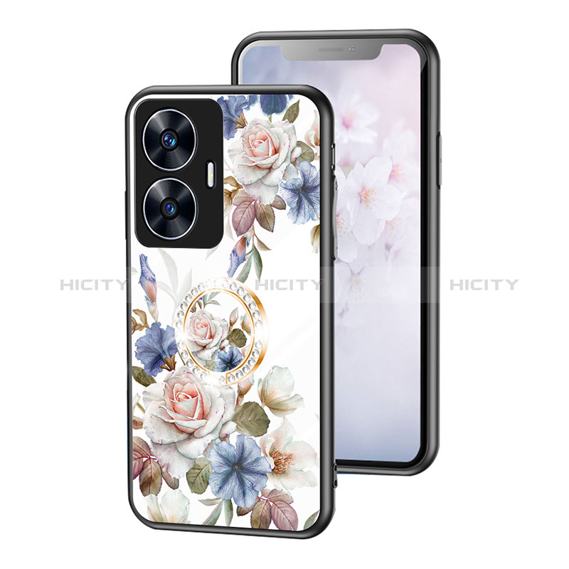 Realme C55用ハイブリットバンパーケース プラスチック 鏡面 花 カバー S01 Realme ホワイト