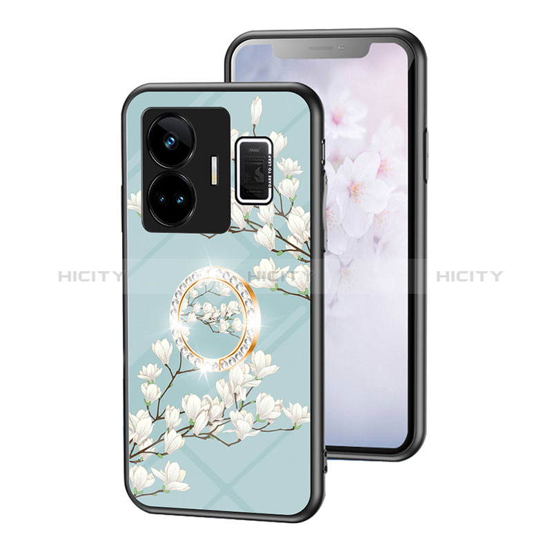 Realme GT3 5G用ハイブリットバンパーケース プラスチック 鏡面 花 カバー S01 Realme シアン