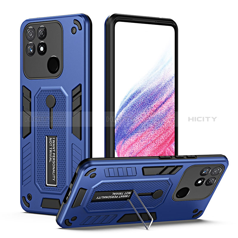 Realme Narzo 50A用ハイブリットバンパーケース スタンド プラスチック 兼シリコーン カバー H01P Realme ネイビー