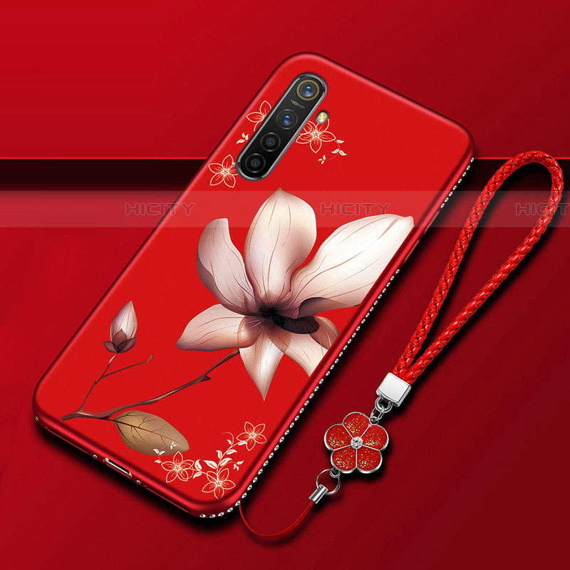 Realme X2用シリコンケース ソフトタッチラバー 花 カバー Realme ワインレッド