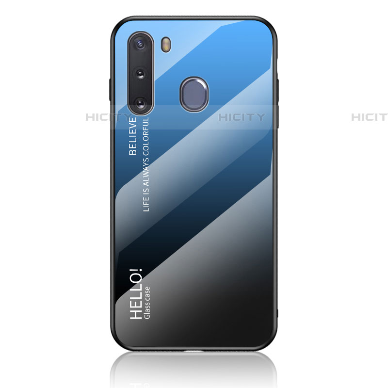 Samsung Galaxy A21 European用ハイブリットバンパーケース プラスチック 鏡面 虹 グラデーション 勾配色 カバー LS1 サムスン ネイビー
