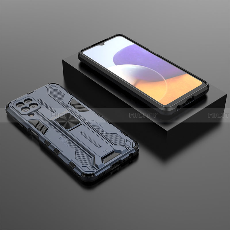 Samsung Galaxy A22 4G用ハイブリットバンパーケース スタンド プラスチック 兼シリコーン カバー マグネット式 T01 サムスン ネイビー