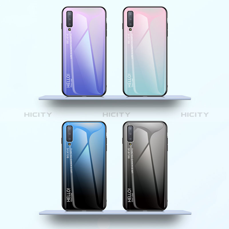 Samsung Galaxy A7 (2018) A750用ハイブリットバンパーケース プラスチック 鏡面 虹 グラデーション 勾配色 カバー サムスン 