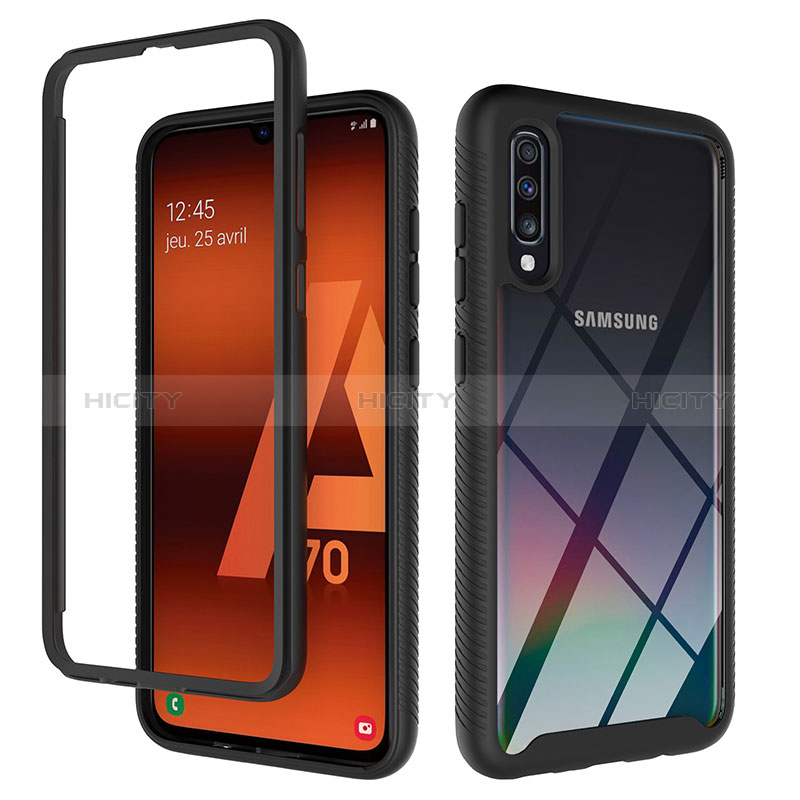 Samsung Galaxy A70S用360度 フルカバー ハイブリットバンパーケース クリア透明 プラスチック カバー ZJ1 サムスン ブラック