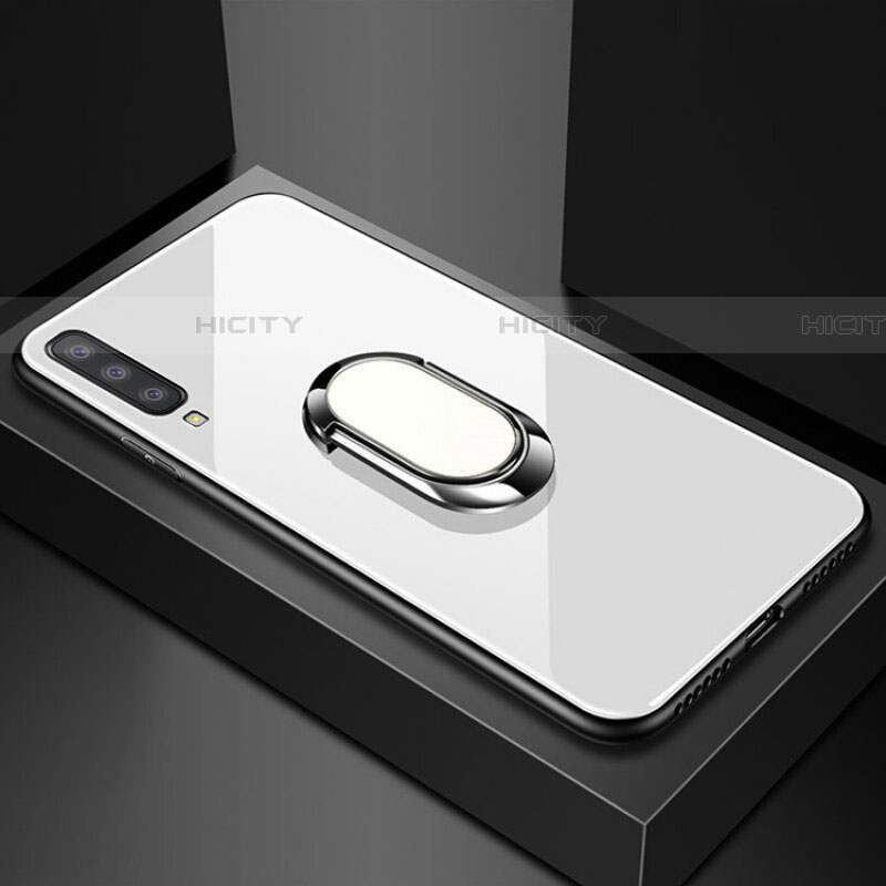 Samsung Galaxy A70S用ハイブリットバンパーケース プラスチック 鏡面 カバー アンド指輪 マグネット式 サムスン ホワイト