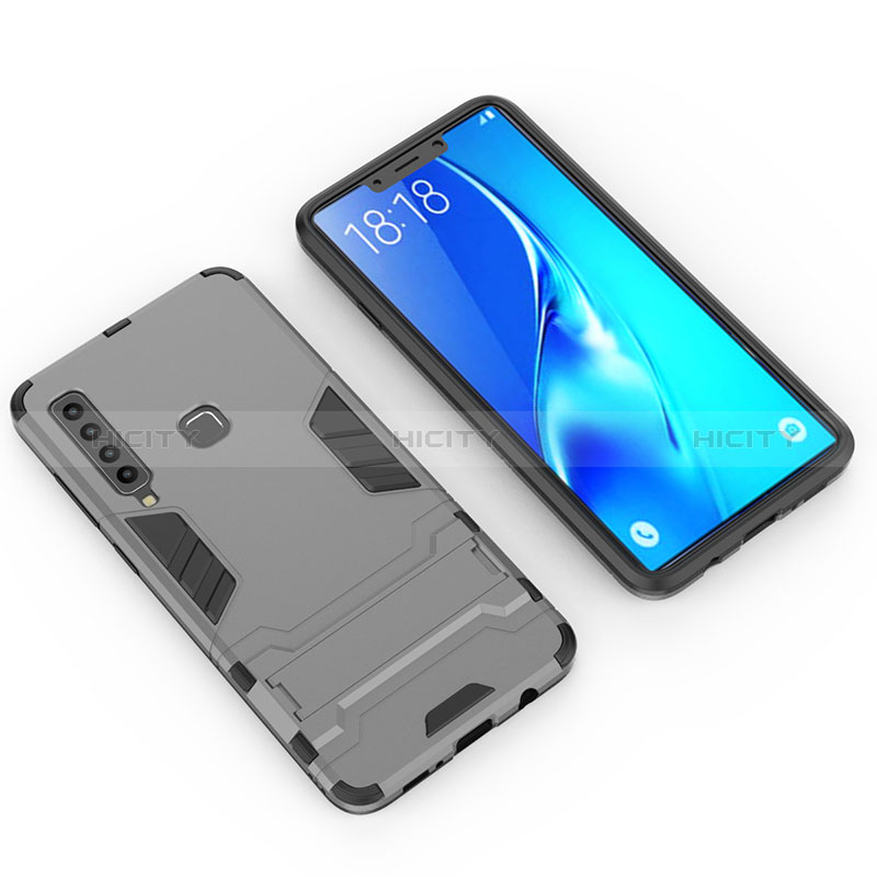 Samsung Galaxy A9 (2018) A920用ハイブリットバンパーケース スタンド プラスチック 兼シリコーン カバー T02 サムスン グレー