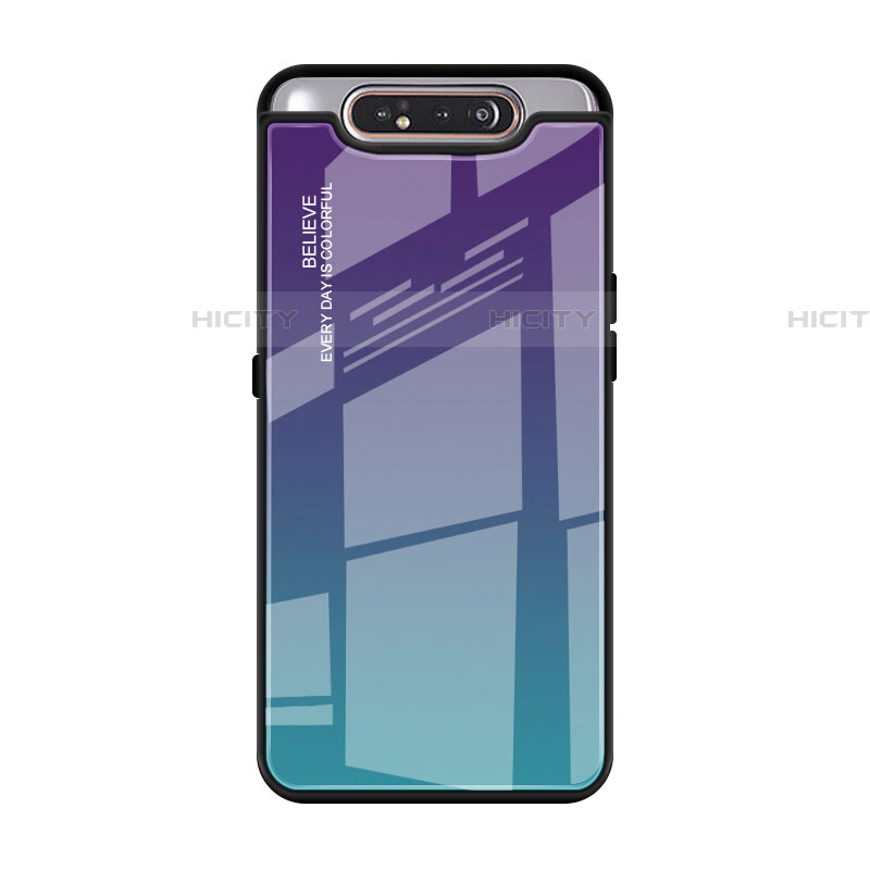 Samsung Galaxy A90 4G用ハイブリットバンパーケース プラスチック 鏡面 虹 グラデーション 勾配色 カバー H01 サムスン シアン