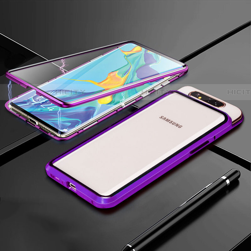 Samsung Galaxy A90 4G用ケース 高級感 手触り良い アルミメタル 製の金属製 360度 フルカバーバンパー 鏡面 カバー T01 サムスン パープル