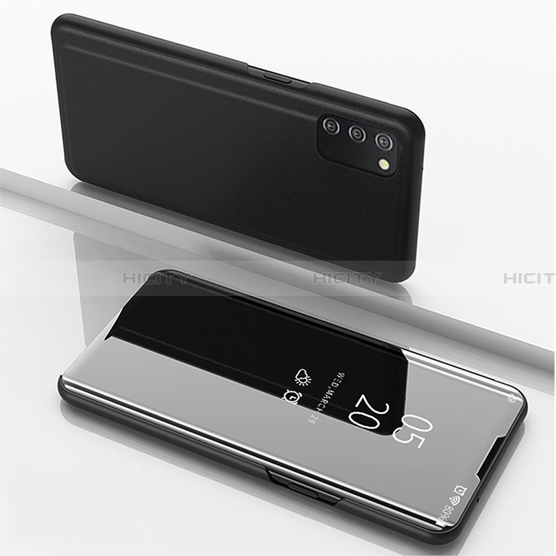 Samsung Galaxy F02S SM-E025F用手帳型 レザーケース スタンド 鏡面 カバー サムスン ブラック