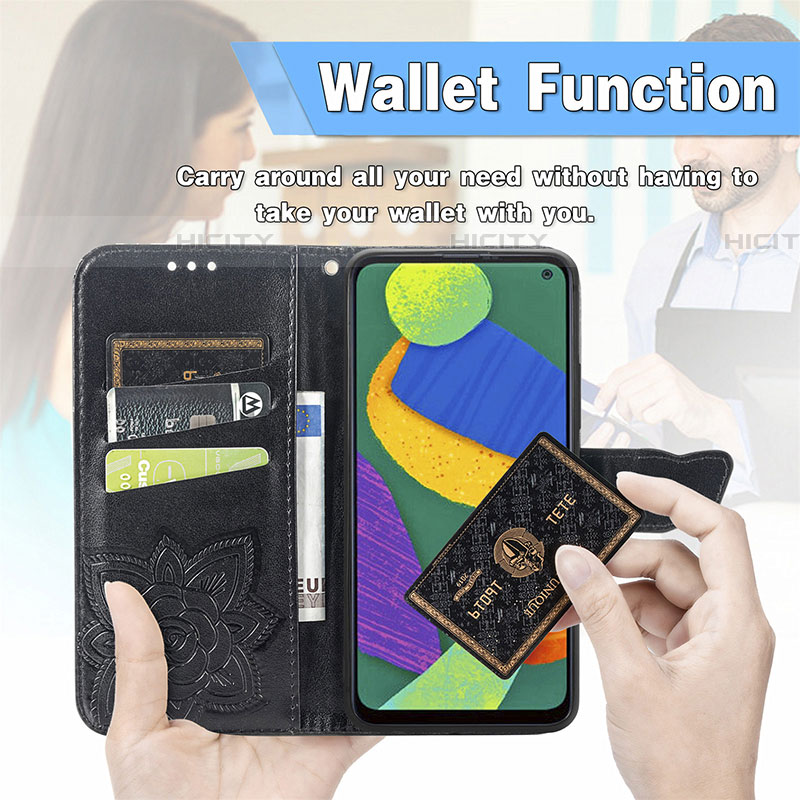 Samsung Galaxy F52 5G用手帳型 レザーケース スタンド バタフライ 蝶 カバー サムスン 