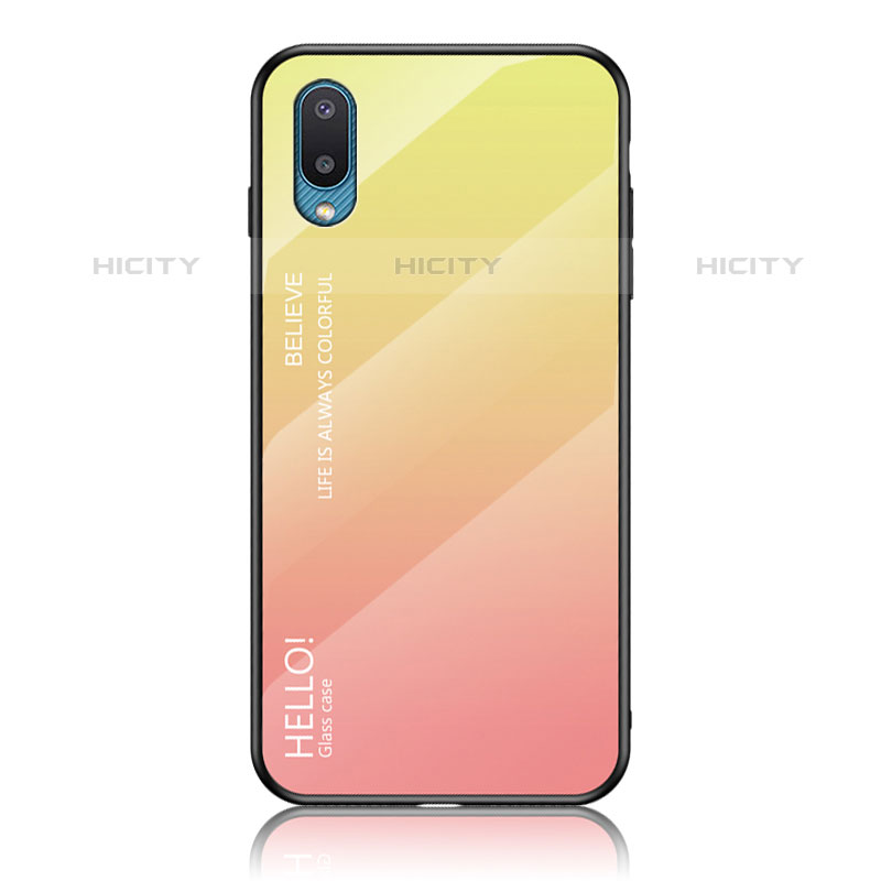 Samsung Galaxy M02用ハイブリットバンパーケース プラスチック 鏡面 虹 グラデーション 勾配色 カバー LS1 サムスン イエロー