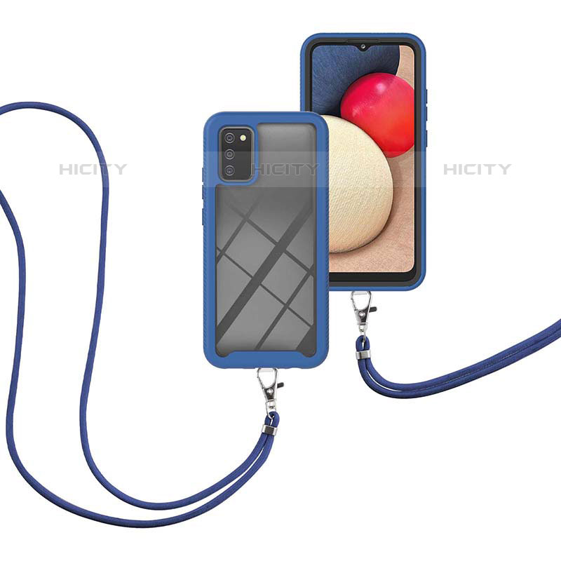 Samsung Galaxy M02s用ハイブリットバンパーケース プラスチック 兼シリコーン カバー 前面と背面 360度 フル 携帯ストラップ サムスン ネイビー