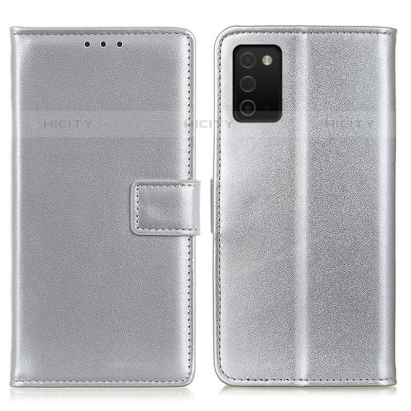 Samsung Galaxy M02s用手帳型 レザーケース スタンド カバー A08D サムスン シルバー