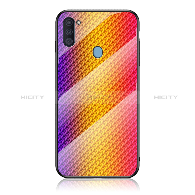 Samsung Galaxy M11用ハイブリットバンパーケース プラスチック 鏡面 虹 グラデーション 勾配色 カバー LS2 サムスン オレンジ