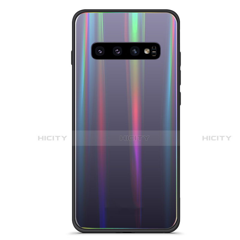 Samsung Galaxy S10 5G用ハイブリットバンパーケース プラスチック 鏡面 虹 グラデーション 勾配色 カバー M02 サムスン ブラック