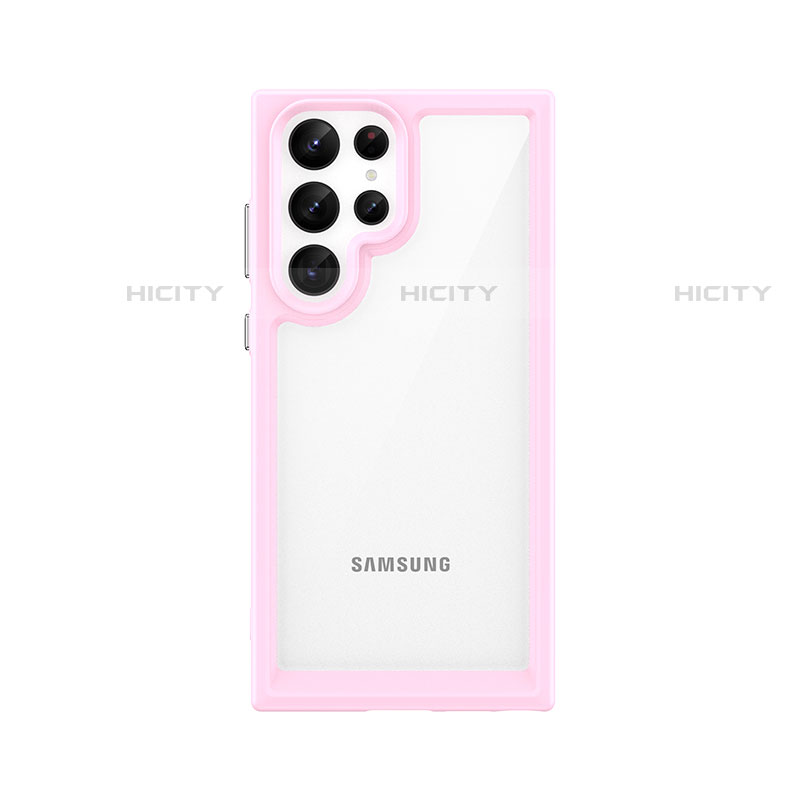 Samsung Galaxy S22 Ultra 5G用ハイブリットバンパーケース クリア透明 プラスチック カバー M03 サムスン ピンク