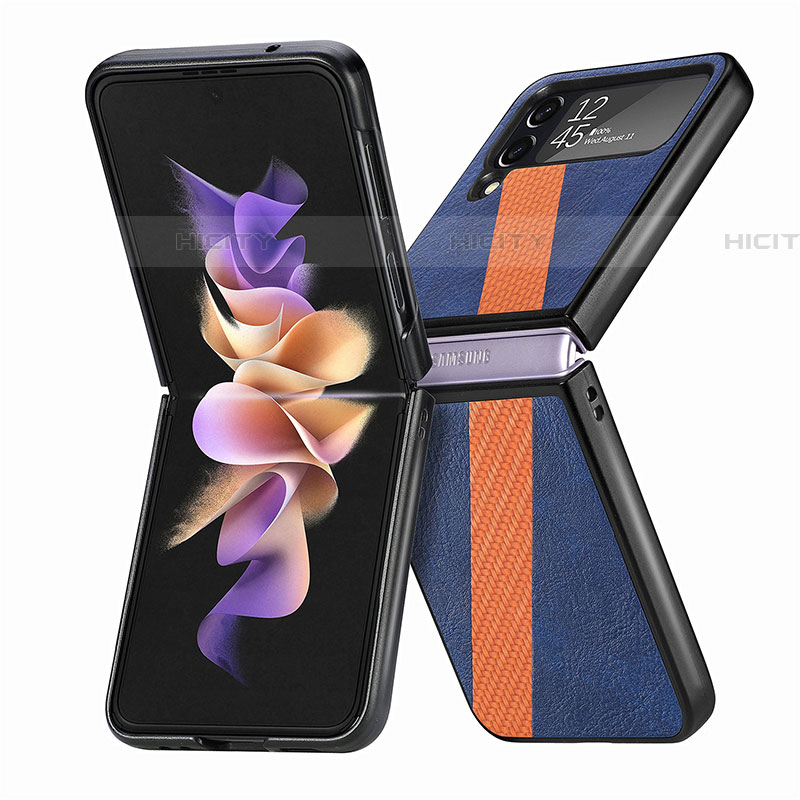Samsung Galaxy Z Flip4 5G用ハイブリットバンパーケース 高級感 手触り良いレザー柄 兼プラスチック L07 サムスン ネイビー
