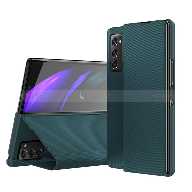 Samsung Galaxy Z Fold2 5G用ハイブリットバンパーケース 高級感 手触り良いレザー柄 兼プラスチック S07 サムスン グリーン