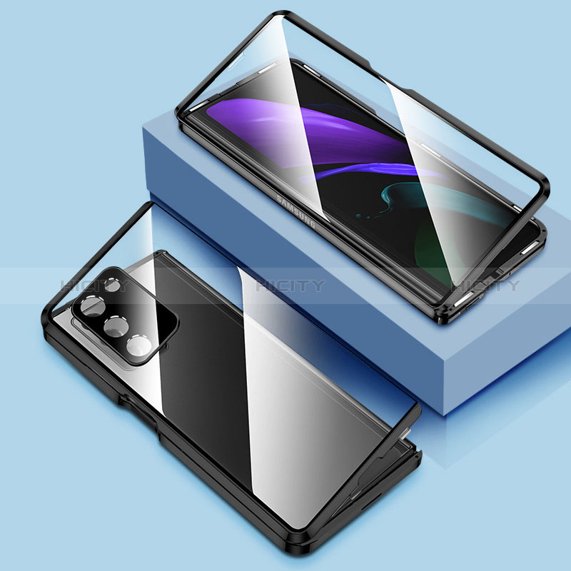 Samsung Galaxy Z Fold2 5G用ケース 高級感 手触り良い アルミメタル 製の金属製 360度 フルカバーバンパー 鏡面 カバー P01 サムスン ブラック