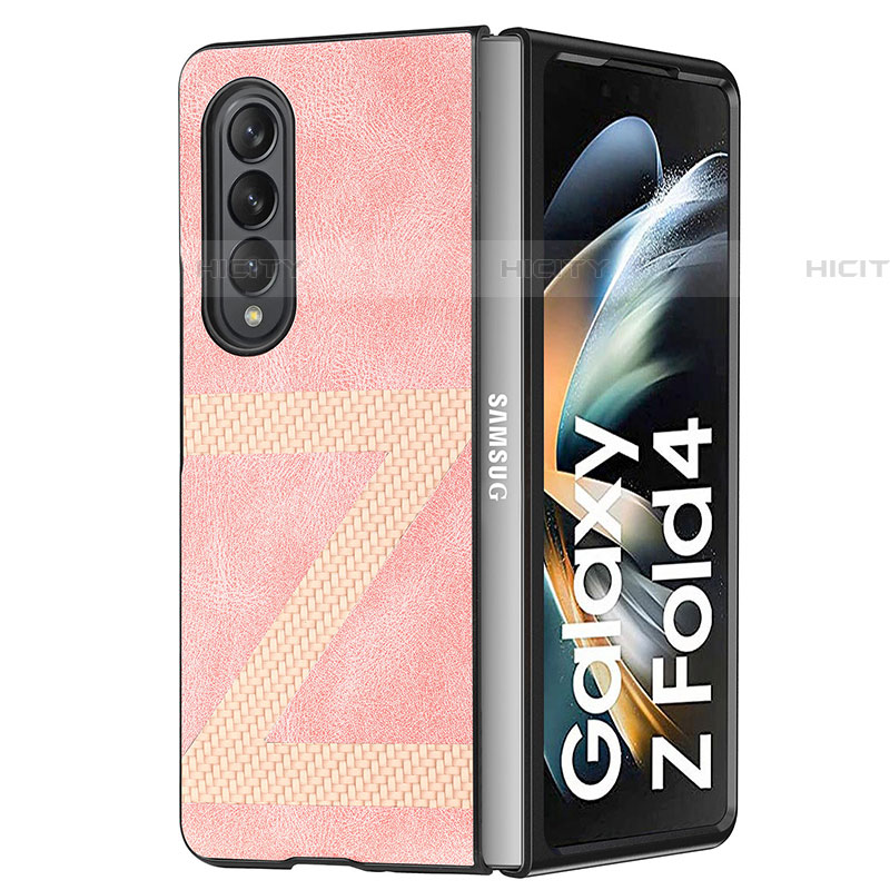 Samsung Galaxy Z Fold4 5G用ハイブリットバンパーケース 高級感 手触り良いレザー柄 兼プラスチック H08 サムスン ローズゴールド