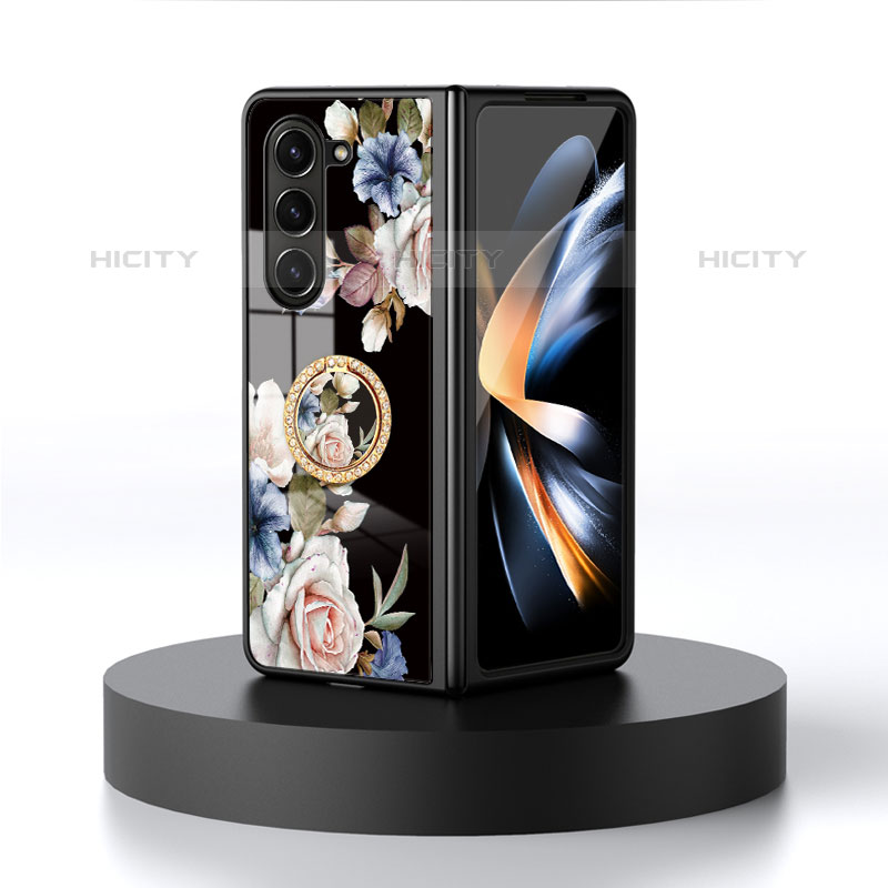 Samsung Galaxy Z Fold5 5G用ハイブリットバンパーケース プラスチック 鏡面 花 カバー S01 サムスン ブラック